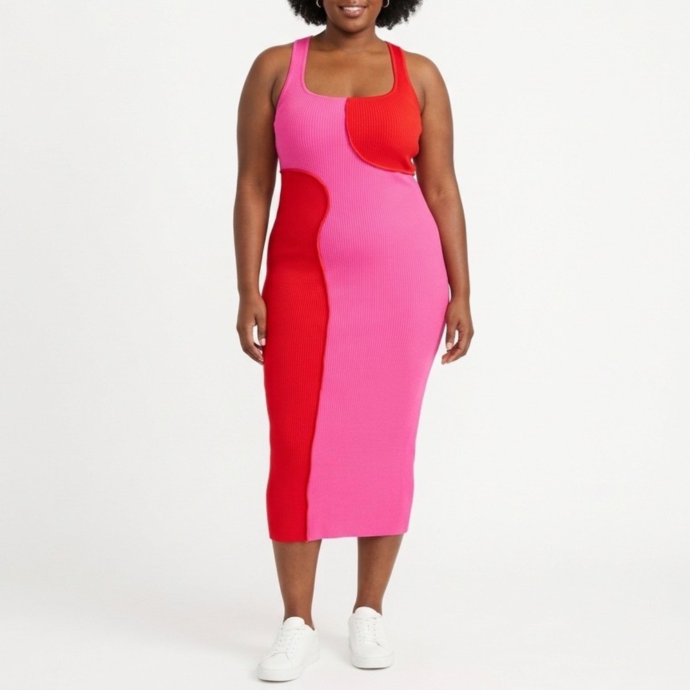 Naked Wardrobe Pink Red Colorblock Ribbed Racerback Midi Dress NW-D2400 Large